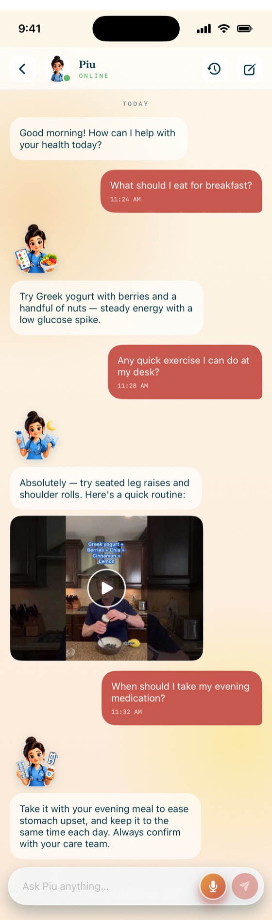 A Piu chat covering breakfast, a desk-friendly exercise with a how-to video, and evening medication timing