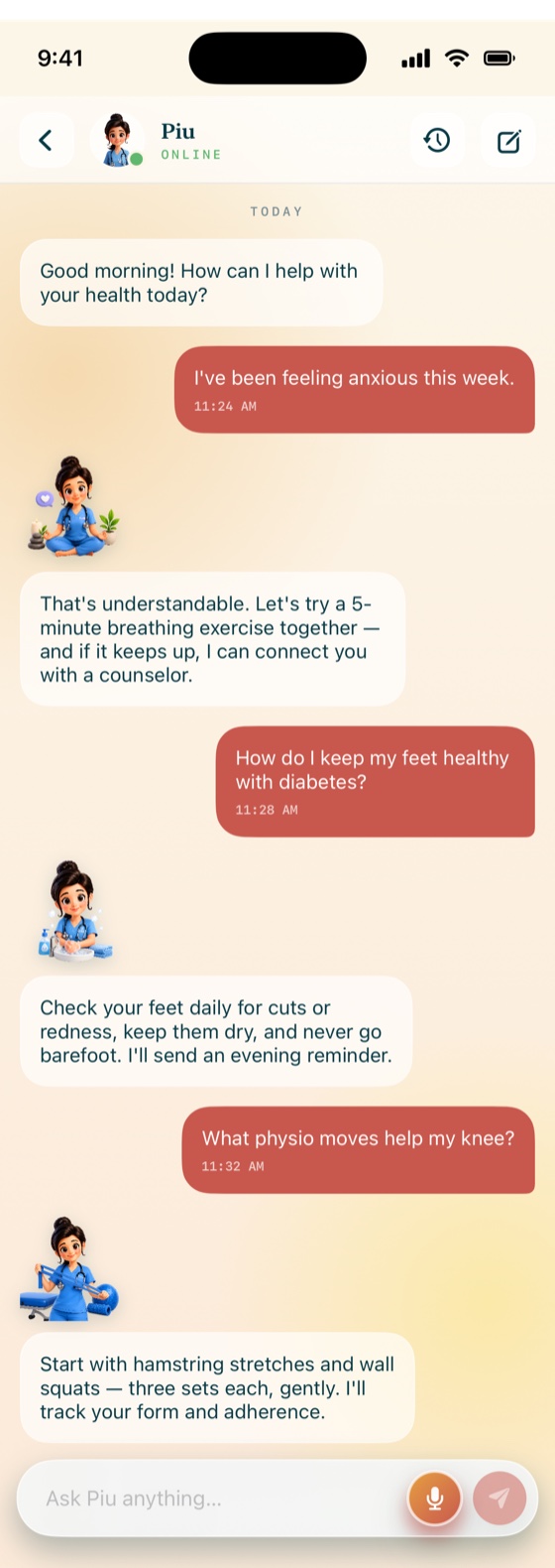 A Piu chat covering anxiety and breathing, diabetic foot care, and physiotherapy for the knee
