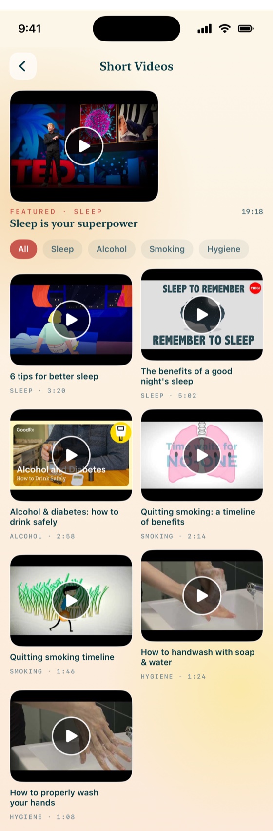 Piu's Short Videos library — a featured sleep talk plus curated clips on sleep, alcohol, smoking, and hygiene